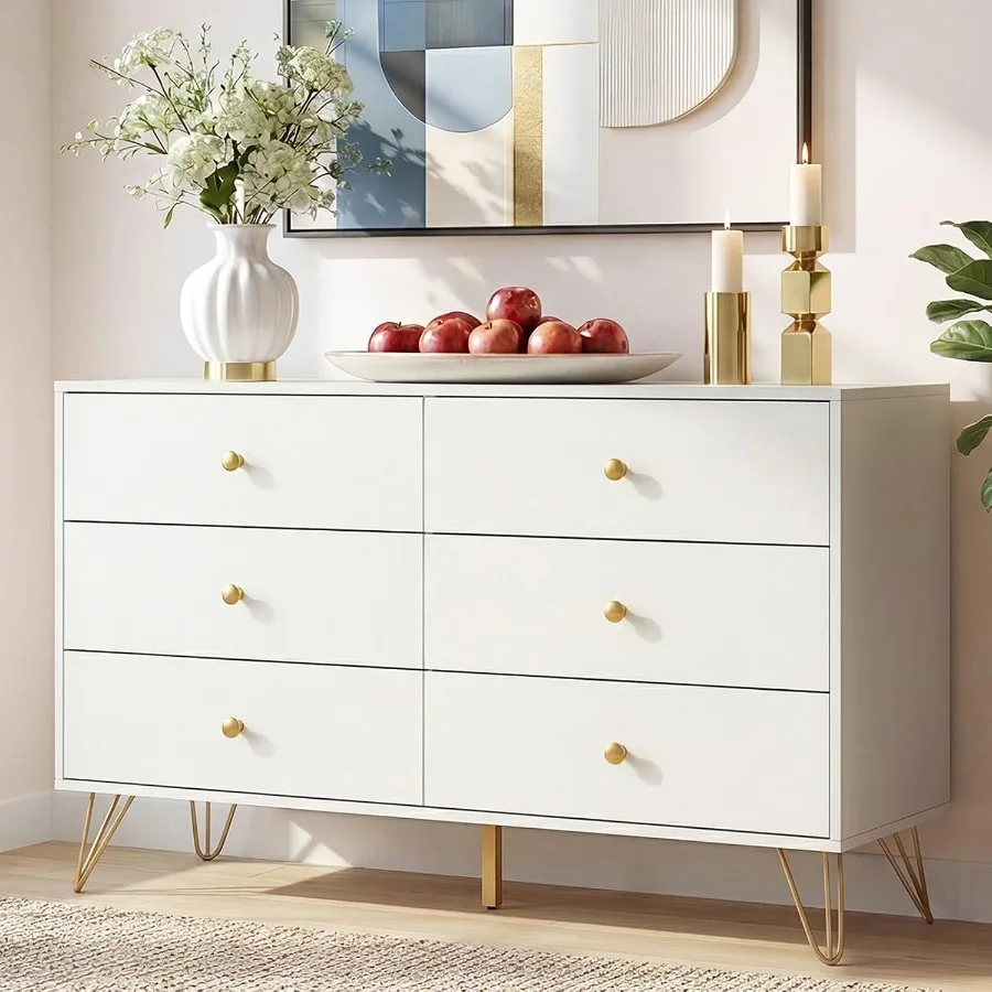 Storage - Bedroom 6-Drawer White Dresser with Golden